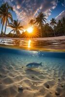 Photograph of beautiful inviting beach scene with sunset sky. photo