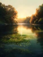 A peaceful lake surrounded by lush greenery and trees, with a realistic yet slightly artistic style. photo