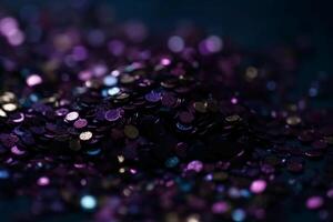 Sparkling Glitter abstract background dark purple saturated color, de - focused, macro. Sequins fall and sparkle, round bokeh. photo