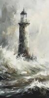 Massive Whitewater Smashes Into A White Lighthouse On A Foggy Day. photo