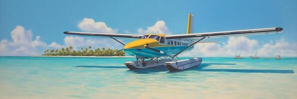 A stunning view of a sea plane gracefully landing on a pristine white sandy beach. photo