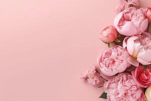 Peonies, roses on pink background with copy space. Abstract natural floral frame layout with text space. Romantic feminine composition. photo