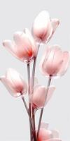 Glass texture, flower stems, petals, tulip flowers, white background, clean and transparent. AI generative photo