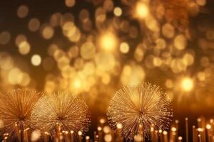 Gold and silver Fireworks and bokeh in New Year eve and copy space. Abstract background holiday. photo