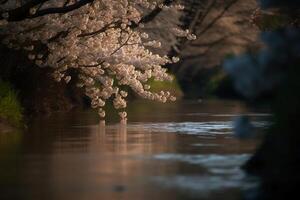 Butterply, cherryblossom, blurred river. photo