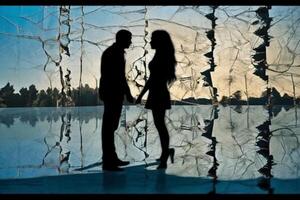 The silhouette of a broken lover walking in different directions. photo