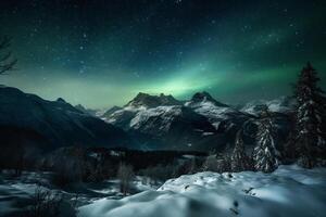 Aurora, Swiss Alps, star, snow, winter. photo