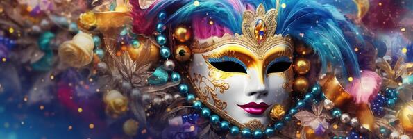 Venetian carnival mask and beads decoration. Mardi gras background. photo