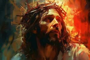 Jesus with a crown of thorns surrounded by glowing light Palette knife drawing. AI generative photo