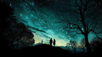 Silhouettes of two stargazing woman saying goodby, surrounded by trees and the contour of london city in the background. photo