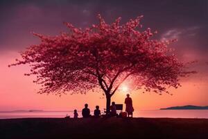 the silhouette of a family enjoying a picnic under a cherry blossom tree in sunset sky. photo