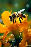 Bee sitting next to yellow flower and drop. photo