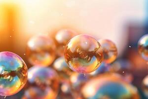 Soap bubbles against a blurred light background. photo