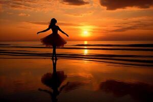 el silueta de un bailarina en el puesta de sol playa. ai generativo foto