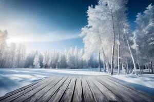 invierno Navidad escénico paisaje con Copiar espacio. de madera piso, blanco arboles en bosque cubierto con nieve, ventisqueros y nevada en contra azul cielo en soleado día ai generativo foto