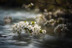 mariposa, flor de cerezo, borroso río. ai generativo foto