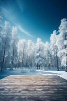 Winter Christmas scenic landscape with copy space. Wooden flooring, white trees in forest covered with snow, snowdrifts and snowfall against blue sky in sunny day photo
