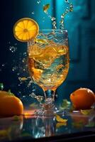 A spritz glass set on a swimming pool with light rays. photo