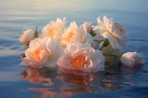 beautiful white and rose flowers floating in the lake. photo