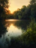 A peaceful lake surrounded by lush greenery and trees, with a realistic yet slightly artistic style. photo