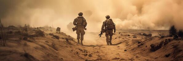 Military special forces soldiers crosses destroyed warzone through fire and smoke in the desert, photo