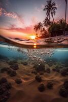 Photograph of beautiful inviting beach scene with pink sunset sky. photo