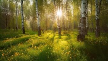 Birch grove in spring on sunny day with beautiful carpet of juicy green young grass and dandelions in rays of sunlight, photo