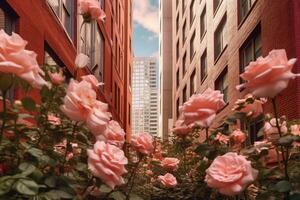 Illustration of roses blooming between buildings. photo