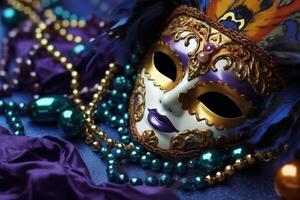 Venetian carnival mask and beads decoration. Mardi gras background. photo