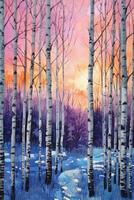 Birch trees in winter fine art print in the style. photo