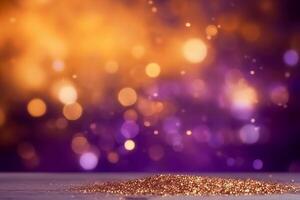 Gold and purple Fireworks and bokeh in New Year eve and copy space. Abstract background holiday, photo