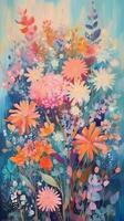 A painting of lush plants, flowers, and flowers in pink. photo
