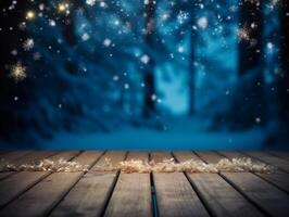 Winter snowy stage background with wooden flooring and Christmas lights on blue background, banner format, copy space. photo