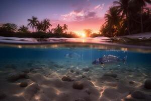 Photograph of beautiful inviting beach scene with pink sunset sky. photo