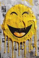 yellow paint dripping on the newspaper, happiness, smiley icon. photo