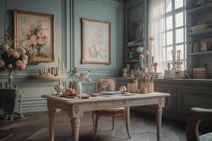 Luxurious office, in the style of light pastel colors, hand. photo