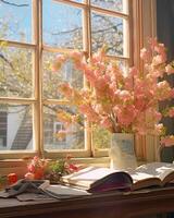 A photo of photobooks next to a big window.