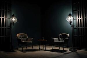 Two chairs and spotlights in podcast or interview room on dark background. photo