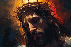 Jesus with a crown of thorns surrounded by glowing light Palette knife drawing. photo