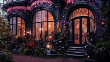 Black house royal exterior, oval villa, maximalism, flowers, devine, aestetic, purple light, hypermaximalist, swarovsky crystals, detailed, exquisite. photo