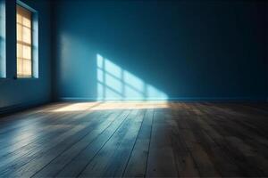 Blue empty wall and wooden floor with interesting light glare. Interior background for the presentation. photo