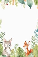 White background with simple leaves in corner with cute forest animals watercolor style. photo