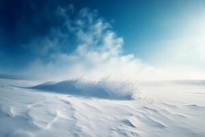 Winter snow background with snowdrifts, beautiful light and falling flakes of snow on blue sky, drifting snow. photo