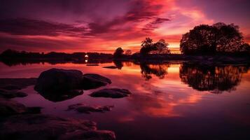 A scene in which the entire pink sky is reflected in the water. photo