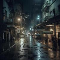 Heavy Rain and Dark Night in the Urban. AI Generative photo