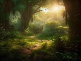 Glade in a cinematic magical forest. photo