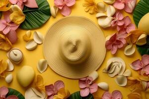 Yellow colored summer vacation, travel and summer holiday background. photo