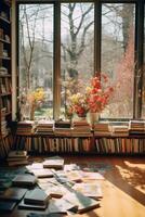 A photo of photobooks next to a big window.