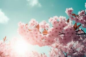 Cereza florecer primavera azul cielo antecedentes. ai generativo foto