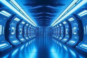 Futuristic background science fiction interior and blue light architecture corridor. photo